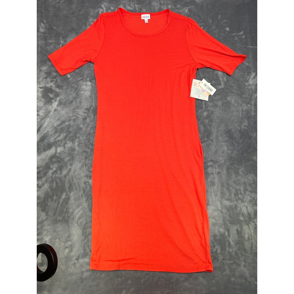 LuLaRoe Julia Dress Womens Large Orange Red Short Sleeve Bodycon Knee Length NWT